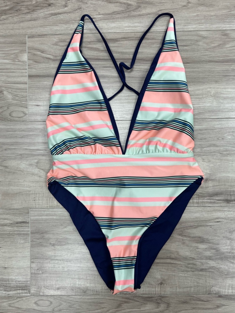 Maaji Safari Plunge Reversible One Piece Swimsuit Tie Waist Navy Stripes Size M